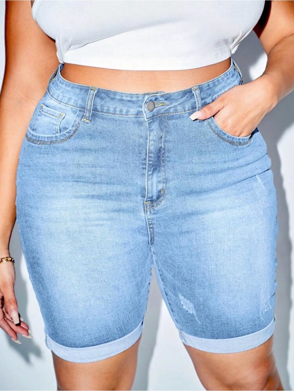 SHEIN Light Blue High-Rise Denim Bermuda Shorts
